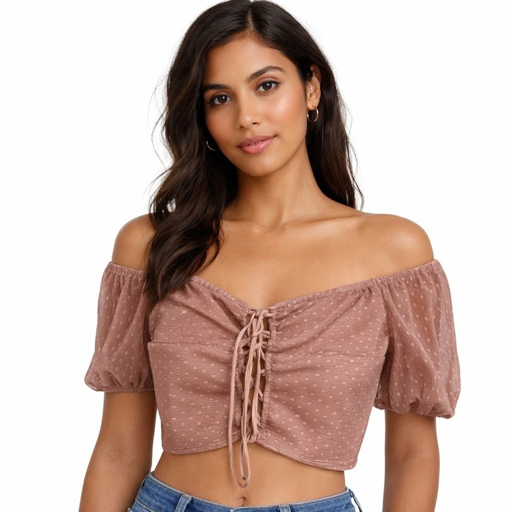 O. Vianca Mesh Off Shoulder Crop Top Pink Polka Dot Puff Sleeve Smocked Size S